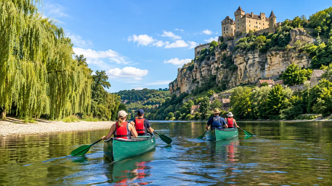 Kanus auf der Dordogne unter den Mauern von Castelnaud