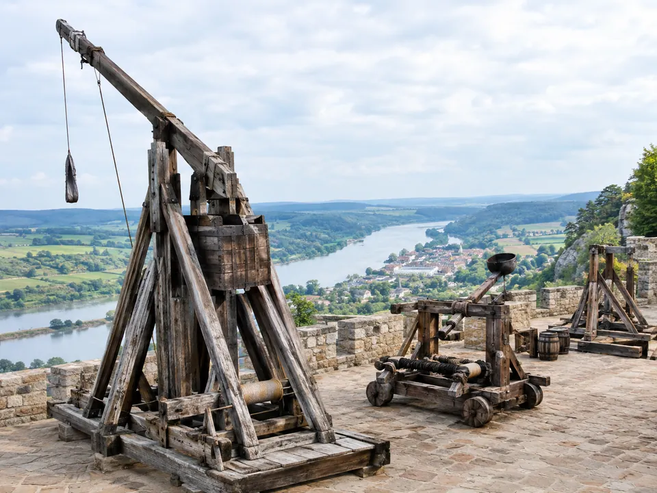 Lebensgroße Kriegsmaschinen in Angriffsposition auf dem Bollwerk von Castelnaud