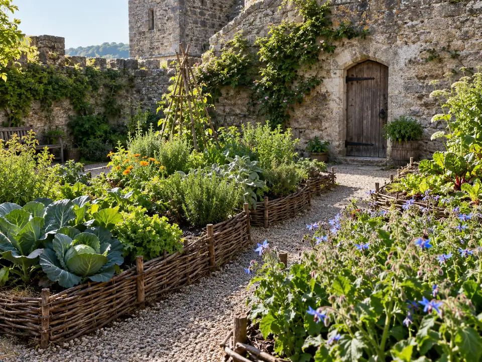 Der mittelalterliche Garten am Château de Castelnaud über dem Fluss