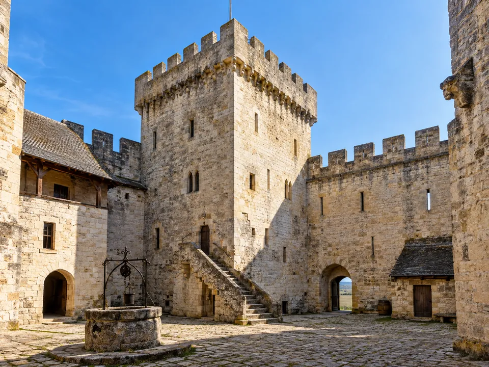 Bergfried und Ringmauer des Château de Castelnaud über dem Dorf
