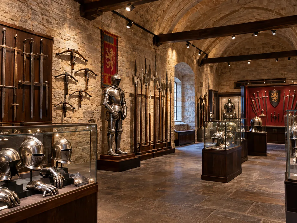 Rüstungen und Waffen im Musée de la guerre au Moyen Âge in Castelnaud